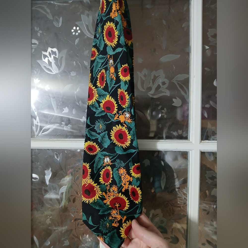 Vintage Garfield Cartoon Paws Addiction Necktie Sunflowers Leaves Men's 57” Tie